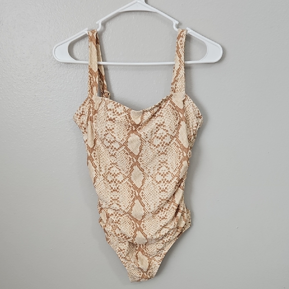 Snake Print One-Piece Swimsuit in Cream and Brown